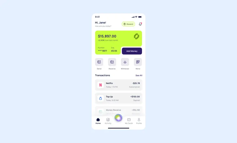 Preview of Fintech home screen mobile app