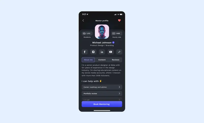 Preview of Mentor Profile App Screen — Dark
