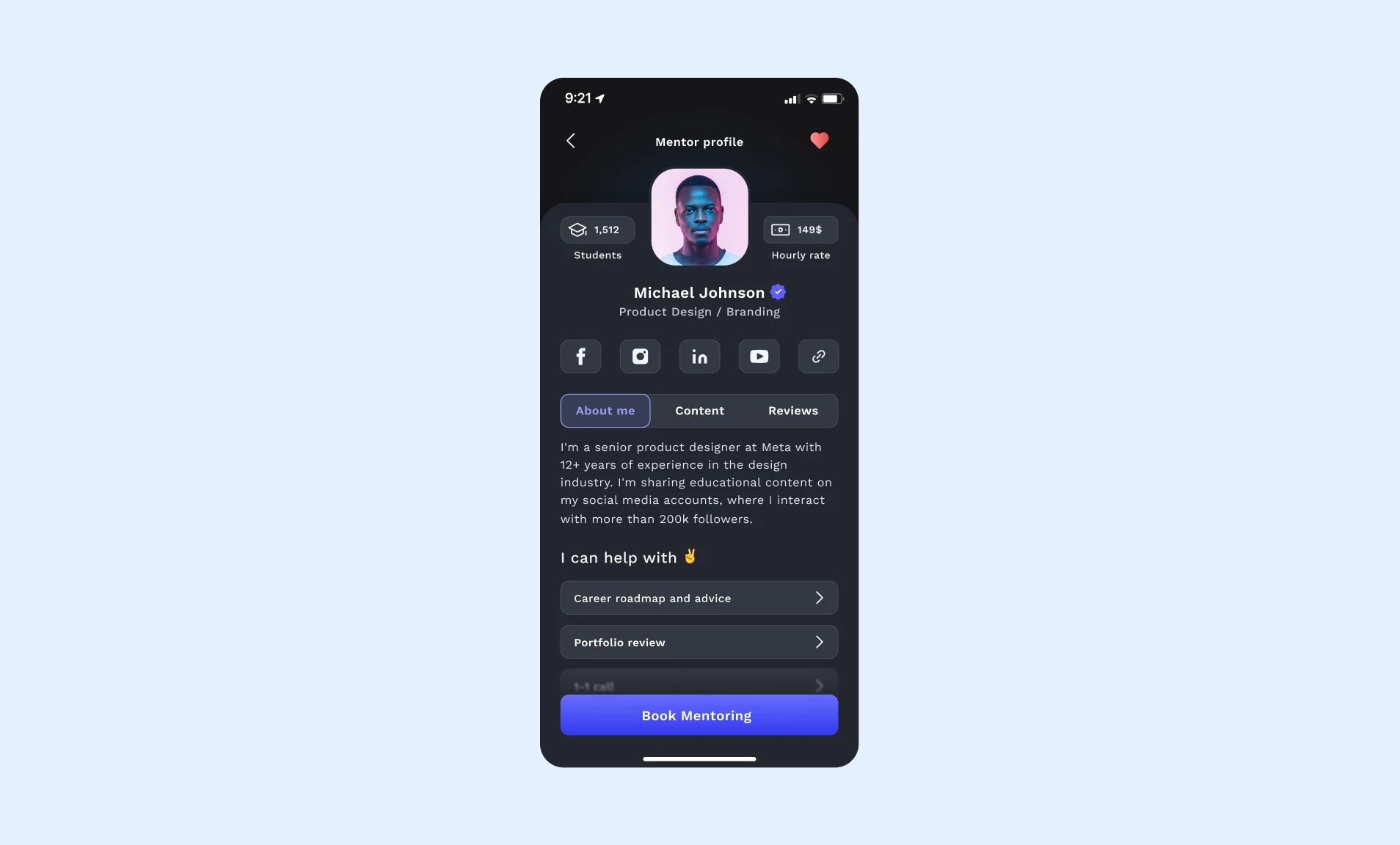 Mentor Profile App Screen — Dark preview
