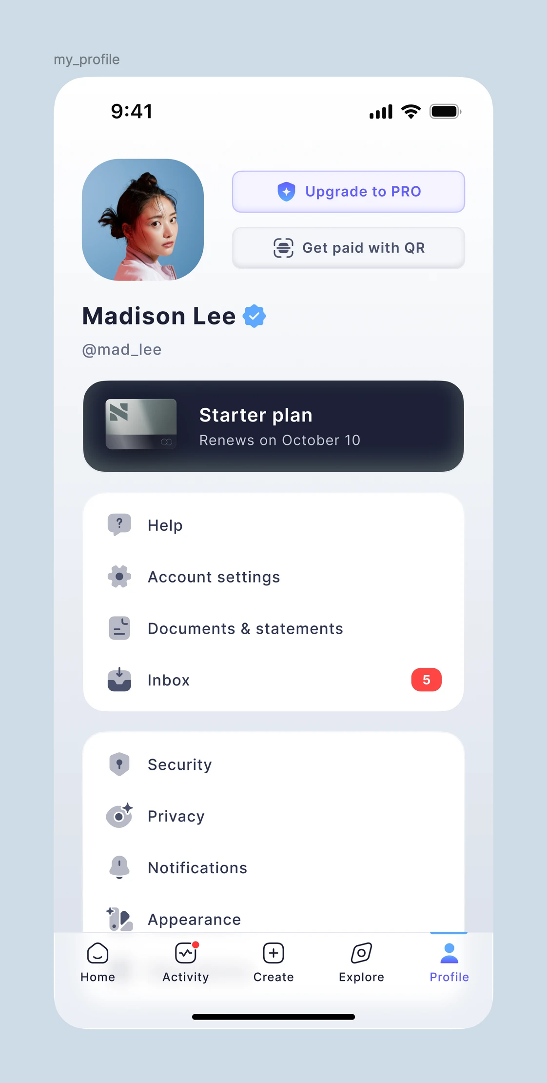 Preview of My Profile Menu